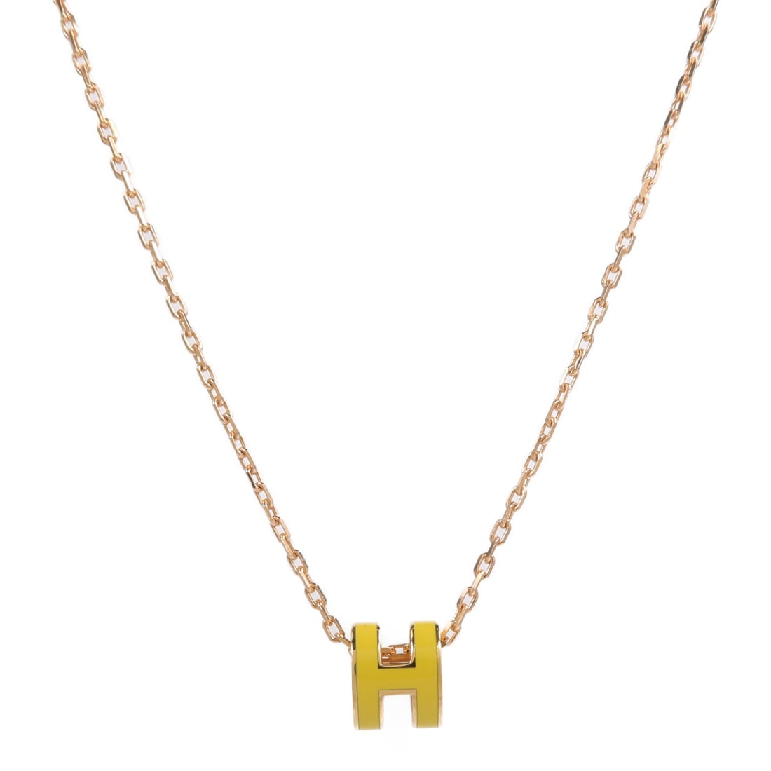 Hermes Mini Pop H Necklace Gold Yellow: Mini Pop H necklace in metal with yellow and gold color. 40cm chain with 7 x 9mm motif. No accessories included.