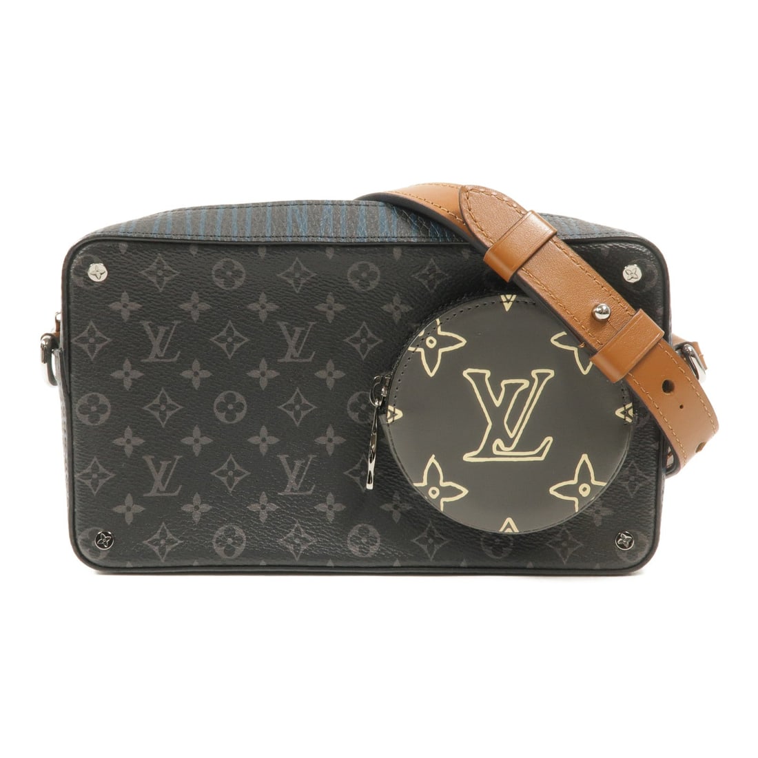 LV Volga On Strap Eclipse: Black Monogram Eclipse PVC coated canvas Volga On Strap shoulder bag with silver hardware. No accessories. Size 22 x 13 x 5.5 cm, shoulder 98 to 112 cm.