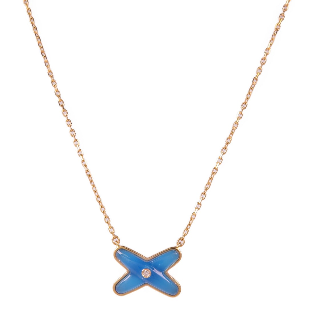 Chaumet Turquoise Diamond Pink Gold: Blue and gold Jeux de Liens Turquoise diamond necklace in 18K pink gold; neck 38-42cm; motif 12 x 9mm; 3.3g.