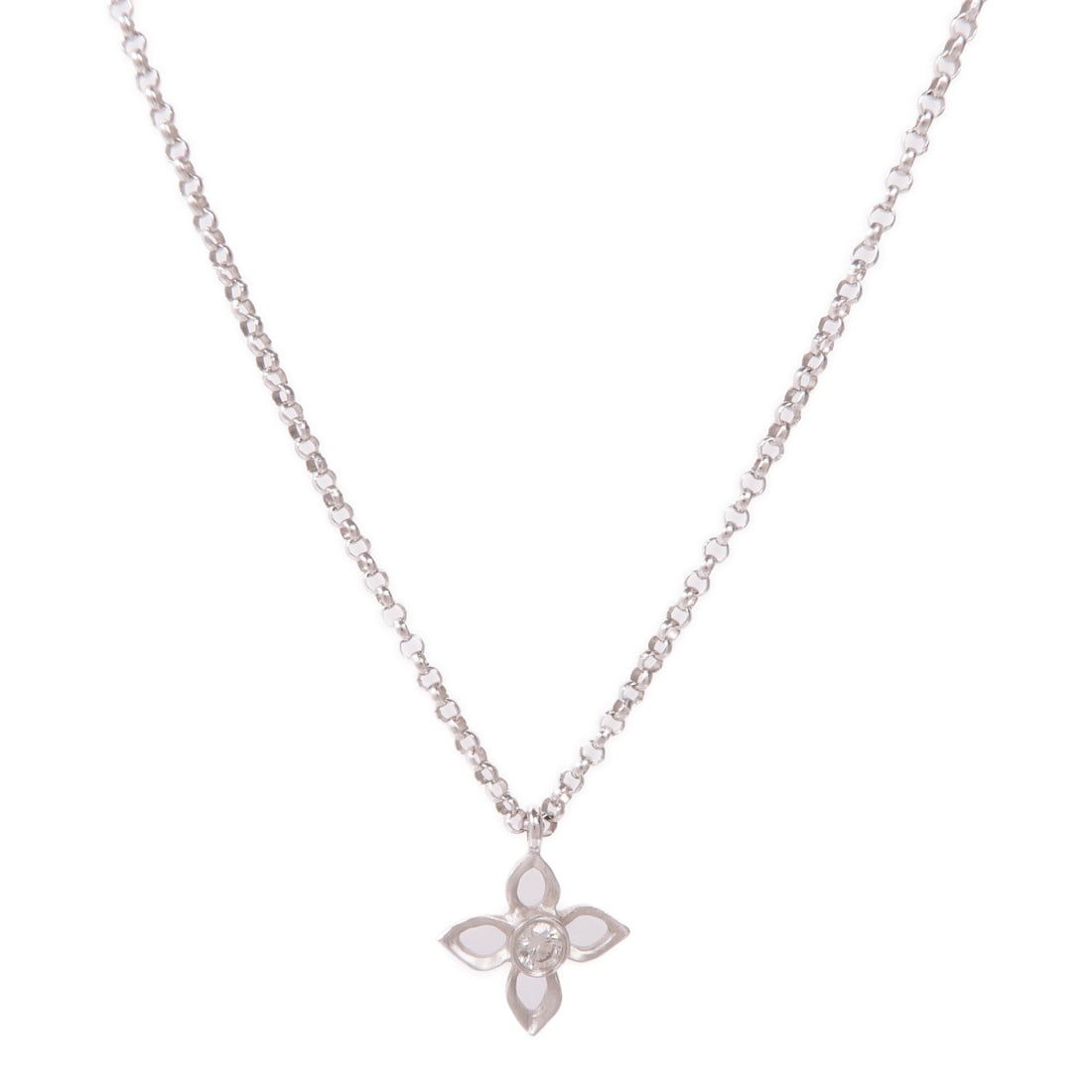 Diamond Necklace 18K White Gold: Clear diamond necklace in 18K white gold; diamond 0.10ct; neck 38.5cm; motif 15 x 15mm; 4.9g.