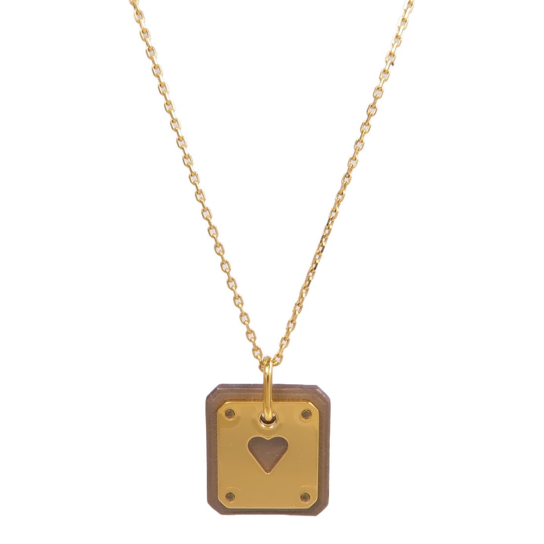 Hermes As De Coeur Gold Plated Necklace: Gold and brown As De Coeur necklace in calfskin and gold plated metal; neck 45cm; motif 20 x 22mm; ZFMZ stamp.