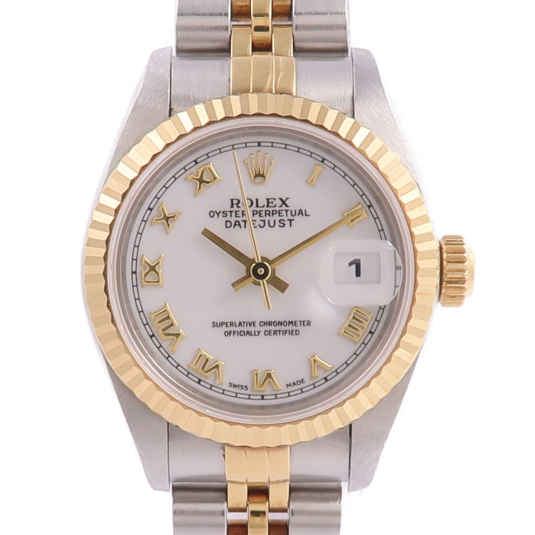 Rolex Datejust Auto K18 YG SS White: Automatic watch in K18 yellow gold and stainless steel, white color. Accessories: guarantee. Case diameter 26mm; max arm circumference 14cm; band width 10-12mm.