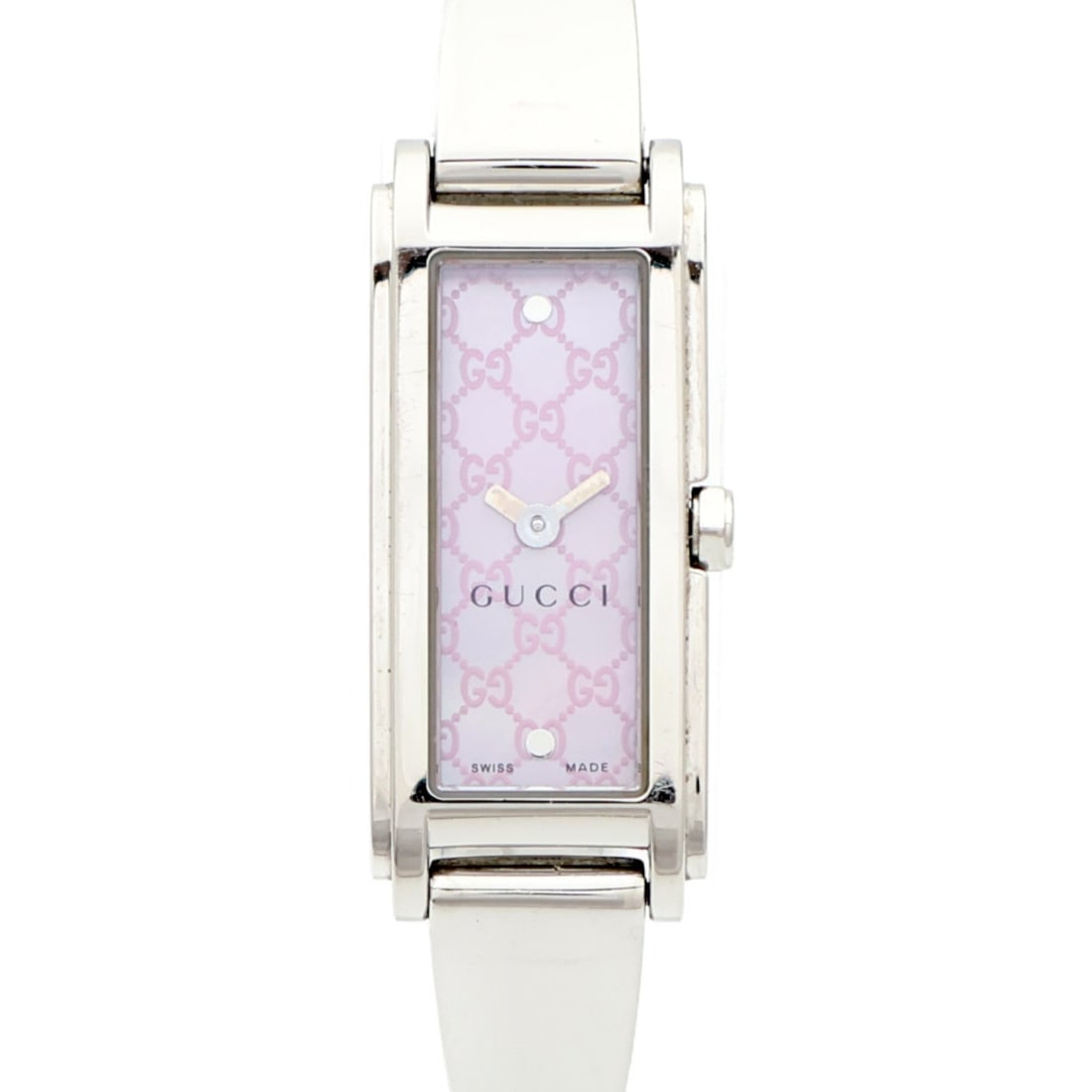 Gucci G Line SS Mother of Pearl Pink Watch: Gucci G Line wrist watch in stainless steel and mother of pearl with pink and mother of pearl color. No accessories. Case 32 x 14mm, max arm circumference 16cm, band width 5-8mm.