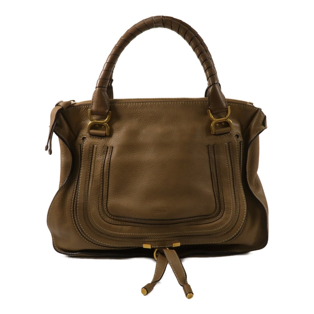 Chloe Marcie Handbag Brown: Brown calfskin leather Marcie handbag with gold hardware. Includes storage bags and guarantee. Size 42 x 35 x 14.5 cm, handle 53 cm.