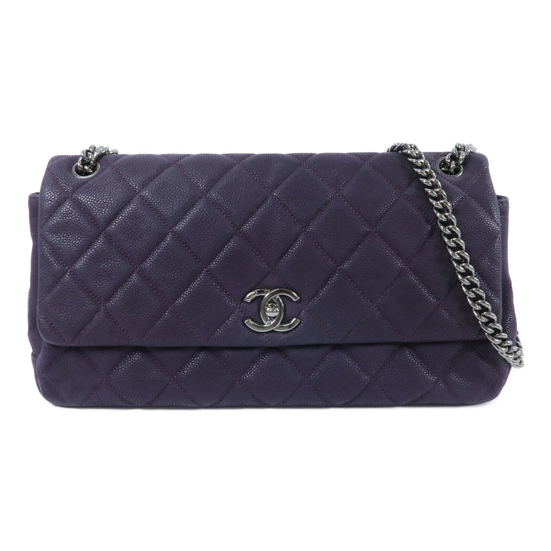 Chanel Chain Shoulder Bag Purple: Purple calfskin leather chain shoulder bag with silver hardware. Includes storage bags and hologram sticker. Size 33 x 17 x 8 cm, shoulder 64 to 96 cm.