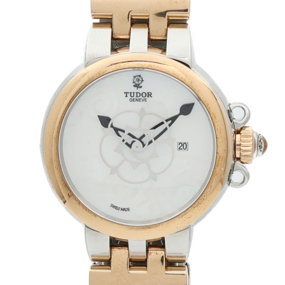 Tudor Clair De Rose Auto K18 YG SS White: Automatic watch in K18 yellow gold and stainless steel, white / white color. Accessories: storage box, guarantee, instructions, case, piece. Case diameter 30mm; max arm circumference 12.5cm; band