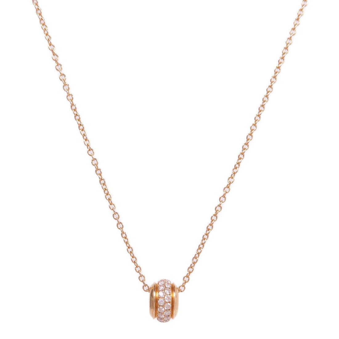 Piaget Possession Diamond Pink Gold Necklace: Clear Possession diamond necklace in 18K pink gold; includes storage box and case; neck 34-40cm; motif 5 x 7mm.