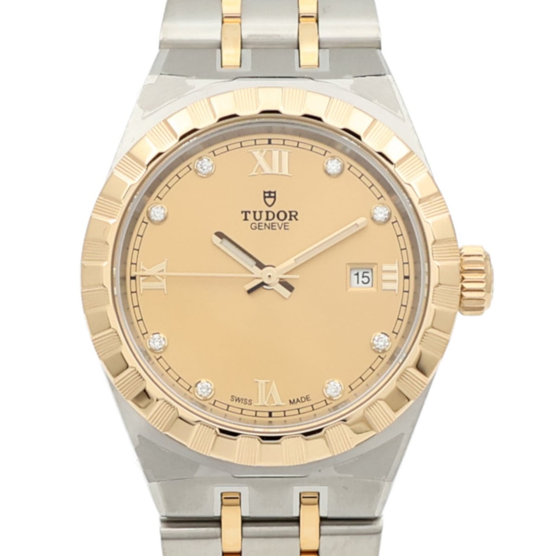 Tudor Royal Auto K18 YG SS Gold: Automatic watch in stainless steel and K18 yellow gold, gold color. Accessories: storage box, guarantee. Case diameter 28mm; max arm circumference 17cm; band width 12-16mm.