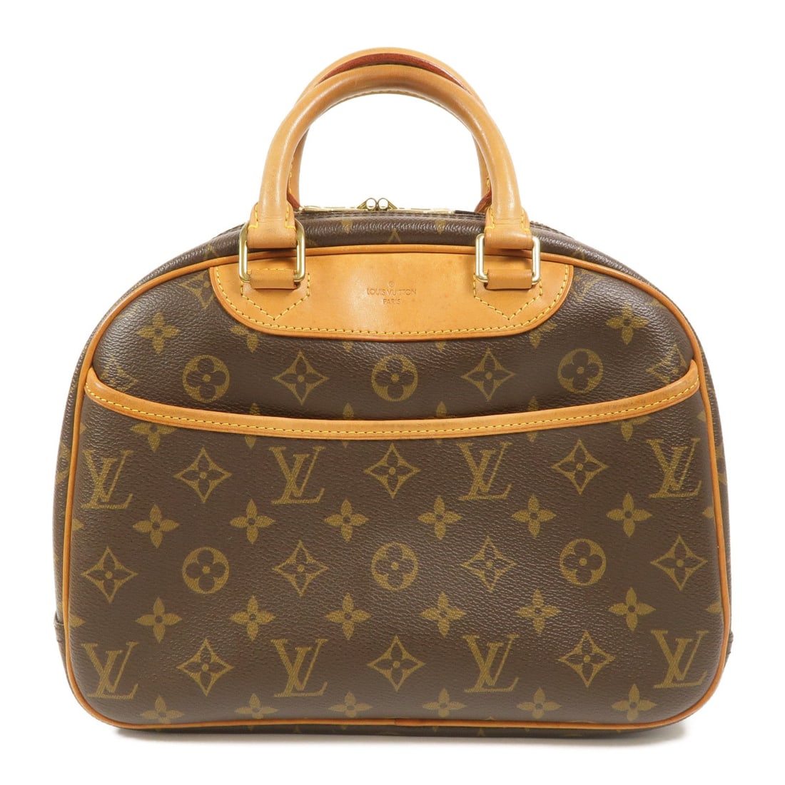 Louis Vuitton Trouville Monogram Brown: Monogram PVC coated canvas hand bag in brown with GHW. Includes storage bags, key, and padlock. Size 28 x 20 x 11 cm; handle 25 cm.