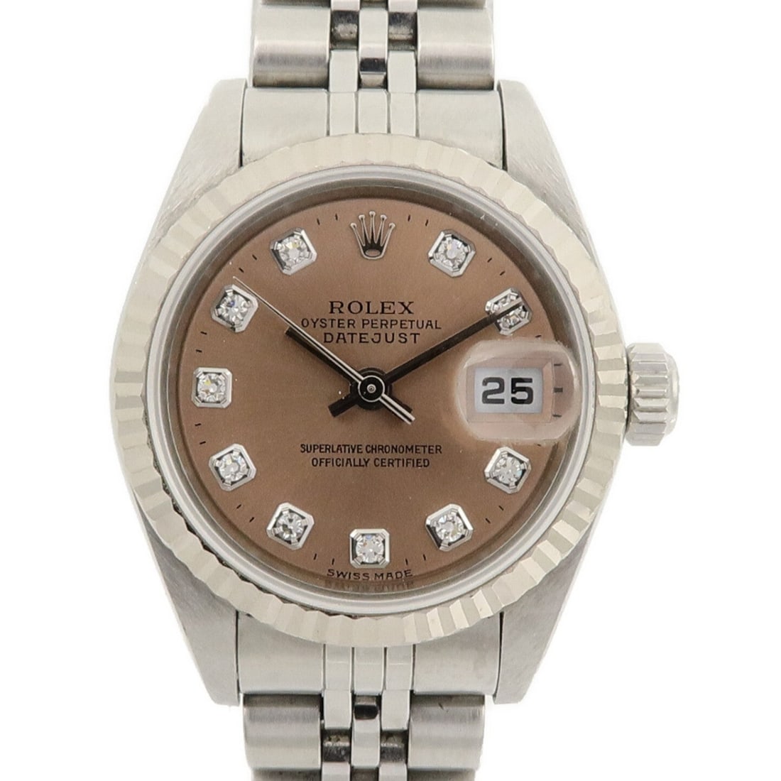 Rolex Datejust Auto K18WG/SS Pink Watch: Rolex Datejust automatic watch in stainless steel and K18WG with pink color. Includes storage box and certificate. Case diameter 26mm, max arm circumference 15.5cm, band width 9-12mm.