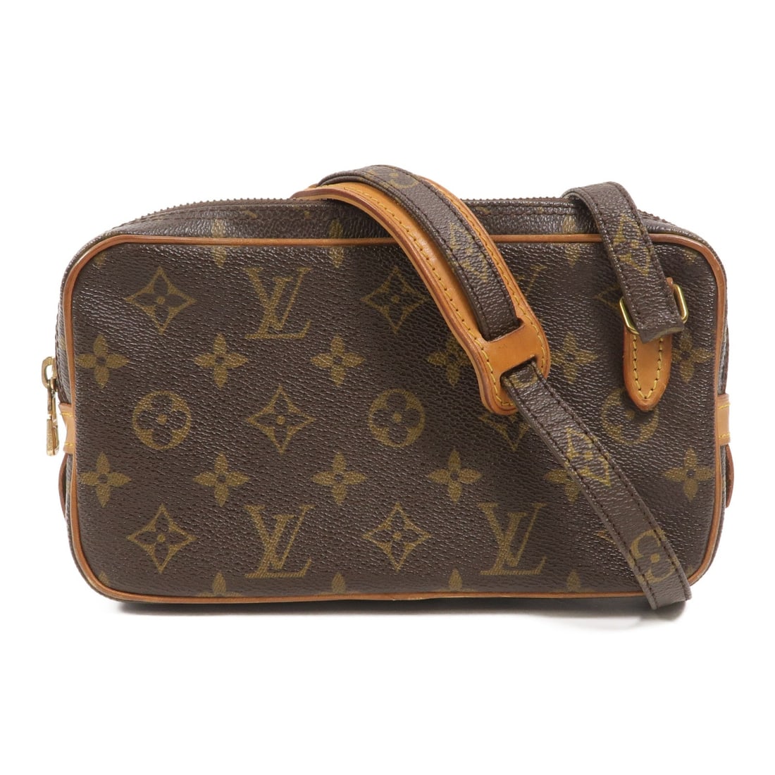 Louis Vuitton Marly Bandouliere Monogram: Monogram PVC coated canvas shoulder bag in brown with GHW. Size 22 x 12.5 x 4.5 cm; shoulder 115-123 cm. No accessories.