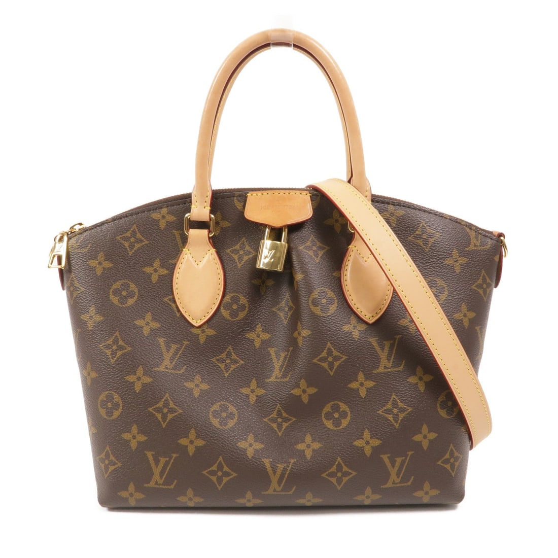 Louis Vuitton Boetie Monogram 2 Way: Monogram PVC coated canvas 2 way bag in brown with GHW. Includes storage bags, shoulder strap, key, and padlock. Size 25 x 23 x 13 cm; handle 30 cm; shoulder 97-111 cm.