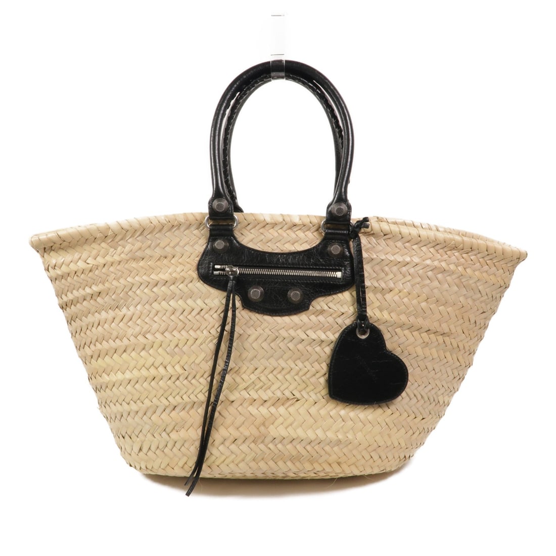 Balenciaga Le Cagole Raffia Lambskin: Lambskin shoulder bag in yellow, black, and brown with SHW. Includes storage bags. Size 32 x 30 x 18 cm; handle 46 cm.