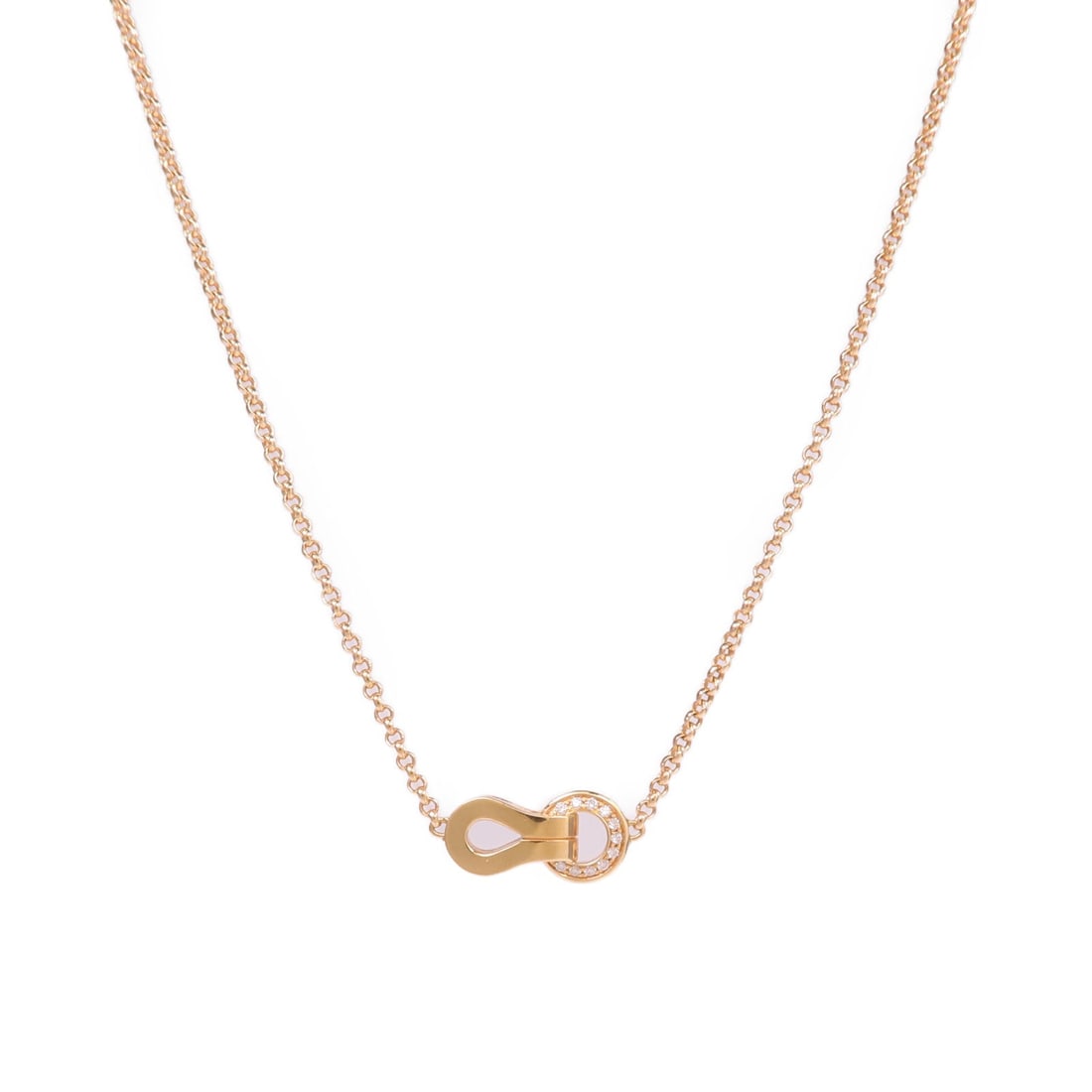 Cartier Agrafe Diamond 18K Pink Gold: Clear Agrafe diamond necklace in 18K pink gold; includes storage box and case; neck 37-40cm; motif 14 x 7mm.