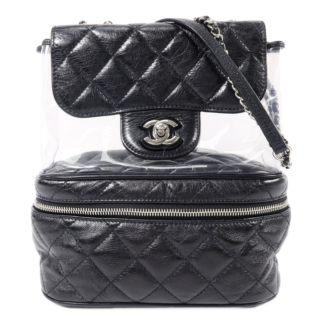 Chanel Matelasse Backpack Black: Calfskin and PVC backpack chain shoulder bag in black with SHW. Includes storage bags and hologram sticker. Size 21.5 x 23.5 x 11.5 cm; shoulder 60-111 cm.