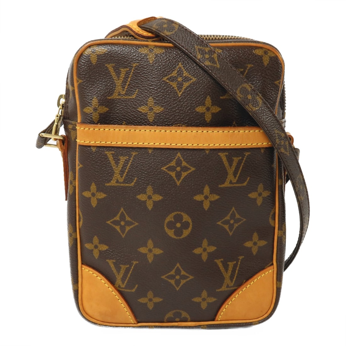 Louis Vuitton Danube Monogram: Brown Monogram PVC coated canvas Danube shoulder bag with gold hardware. Includes storage bags. Size 15 x 21 x 5 cm, shoulder 115 to 135 cm.