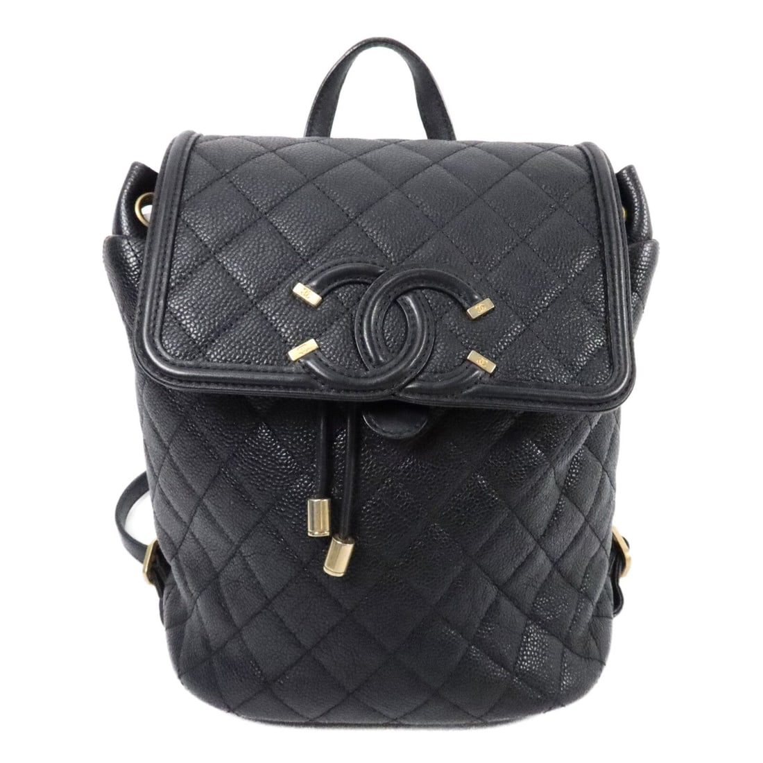 Chanel Filigree Backpack Black: Black calfskin leather Filigree backpack with gold hardware. Includes hologram sticker and guarantee. Size 20 x 23 x 11 cm, handle 21 cm, shoulder 75.5 to 83 cm.
