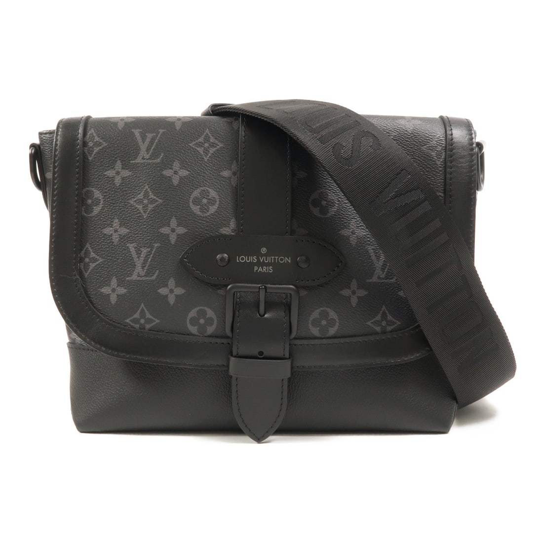 LV Saumur Messenger Eclipse: Black Monogram Eclipse PVC coated canvas Saumur Messenger shoulder bag with silver hardware. Includes storage bags and shoulder strap. RFID. Size 30 x 23 x 11 cm, shoulder 58 to 145 cm.