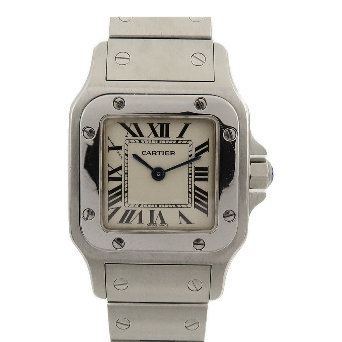 Cartier Santos Galbee SM Quartz SS White: Cartier Santos Galbee SM quartz watch in stainless steel with white color. No accessories. Case 24 x 24mm, max arm circumference 16cm, band width 12-14mm.