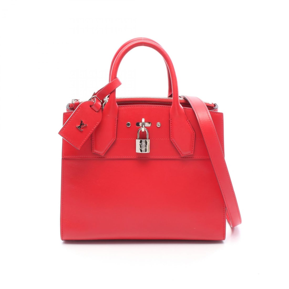 Louis Vuitton City Steamer PM Rouge: City Steamer PM handbag in Rouge red leather. Size: W26 x H22.5 x D13 cm. Handle 29 cm. Shoulder 113 cm. Includes shoulder strap, key, padlock, and name tag.
