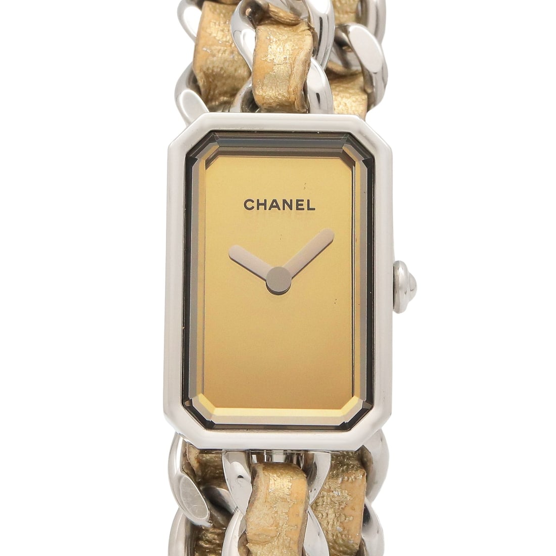 CHANEL Premiere Rock H5583 Gold Mirror: CHANEL Gold mirror Premiere Rock H5583 watch in stainless steel and leather with gold / mirror color. Includes guarantee. Case 23.5mm x 16mm; max arm circumference 17.5cm.