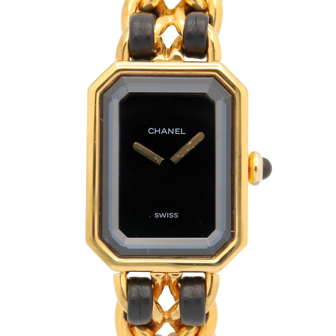 CHANEL Premiere M H0001 Gold Plated Black: CHANEL Black Premiere M H0001 watch in gold plated material and leather with black color. No accessories listed. Case 26mm x 20mm; max arm circumference 14.5cm; band width 13mm.