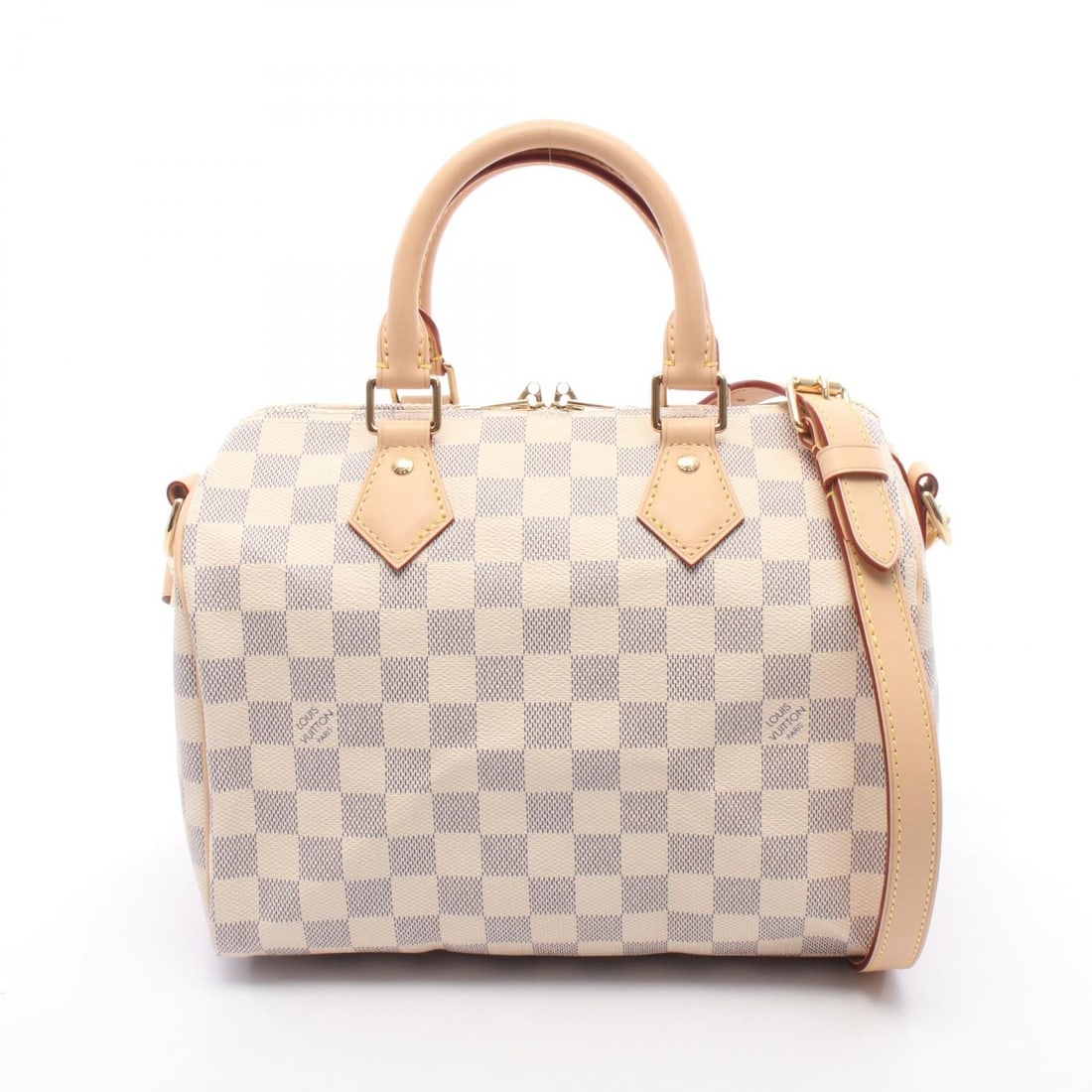 Louis Vuitton Speedy 25 Damier Azur 2Way: White Speedy Bandoulière 25 2-way handbag in PVC coated canvas and leather. Includes shoulder strap, key, and padlock. 25 x 19.5 x 15 cm; handle 28 cm; shoulder 110-122 cm. Model N40608.