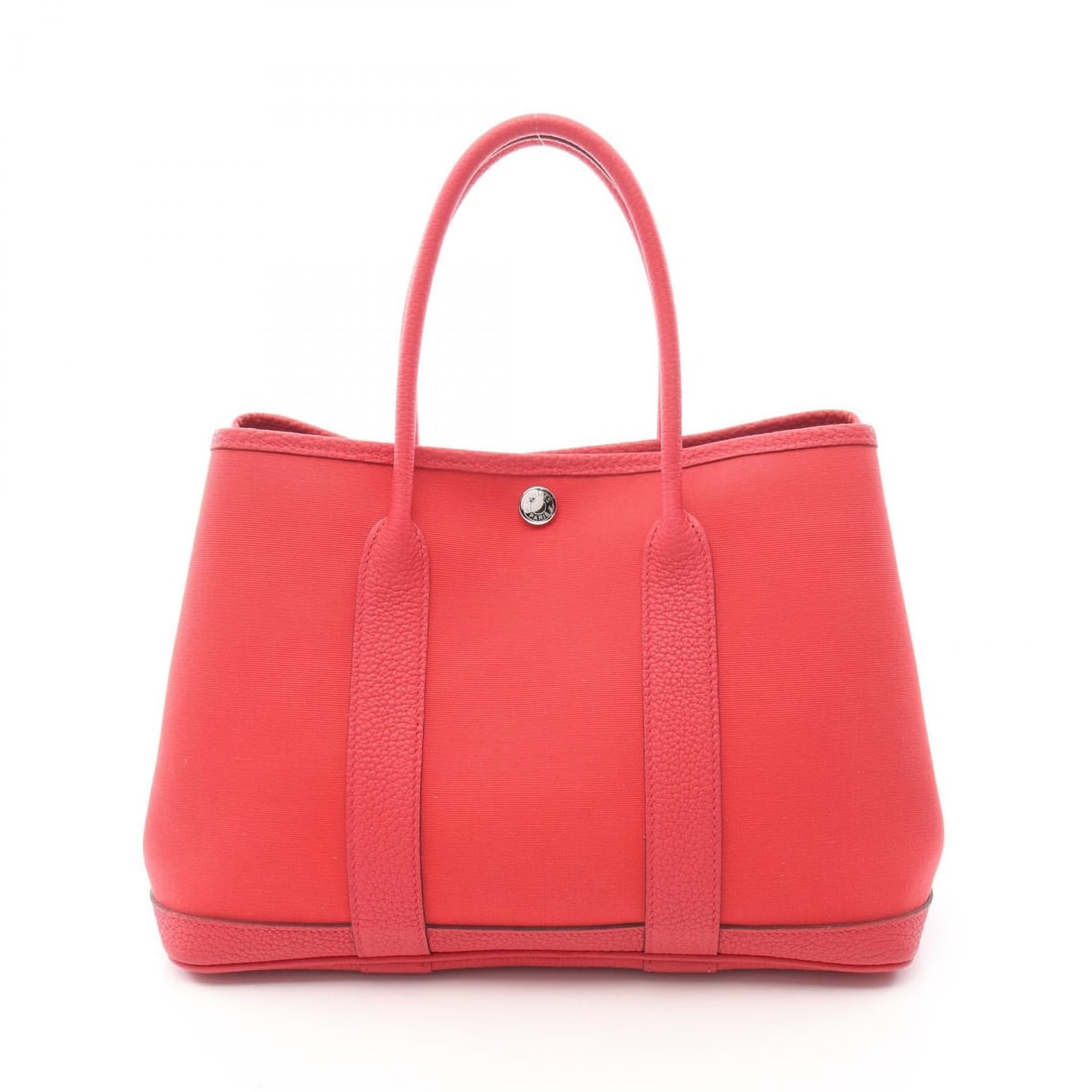 Hermes Garden Party TPM Bougainvillier Tote: Bougainvillier red Garden Party TPM tote in leather, canvas, and Toile officier. 30 x 21 x 14 cm with 36 cm handle.