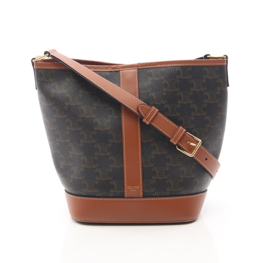 Celine Small Bucket Triomphe Black Brown: Small Bucket Triomphe shoulder bag in black and brown PVC coated canvas with leather trim. Size: W18 x H22 x D12.5 cm. Shoulder 98-114 cm.