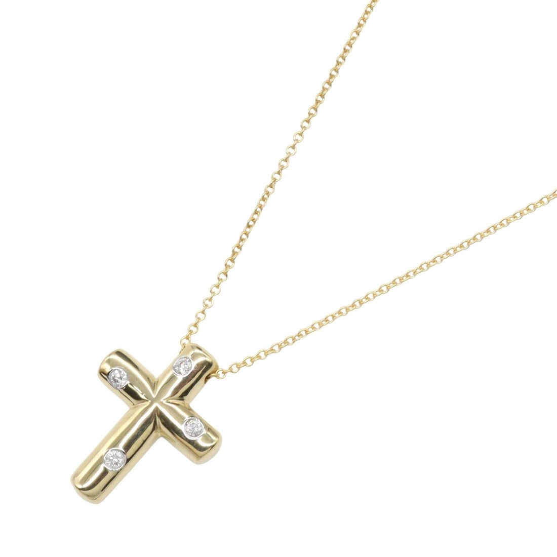 Tiffany Dots Cross Diamond Necklace 18K Gold: Dots Cross 4PD necklace in K18 yellow gold with diamond. Neck size 40.5cm. Motif 15mm wide x 20mm high. Weight 5.2g.