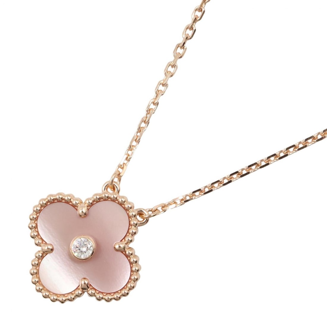 VCA Vintage Alhambra 1PD Pink MOP Necklace: Vintage Alhambra 1PD necklace in K18PG rose gold with diamond and pink mother of pearl. Includes storage box, guarantee, and repair certificate. Neck size 37/41.5cm. Motif 15mm wide x 15mm high.