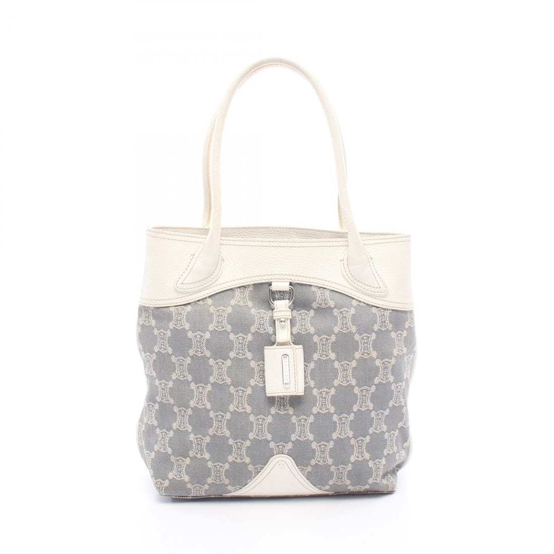 Celine Paris Macadam Tote Blue White Denim: Paris Macadam tote bag in blue and white denim with leather trim. Size: W26 x H28 x D10 cm. Shoulder 46 cm.