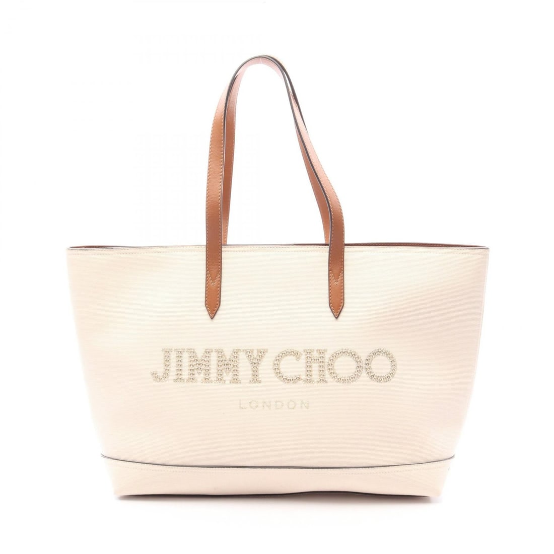 Jimmy Choo Tote Beige Brown Canvas: Beige and brown tote bag in canvas and leather. Size: W37 x H29 x D13 cm. Strap drop 21.5 cm. Shoulder 54 cm.