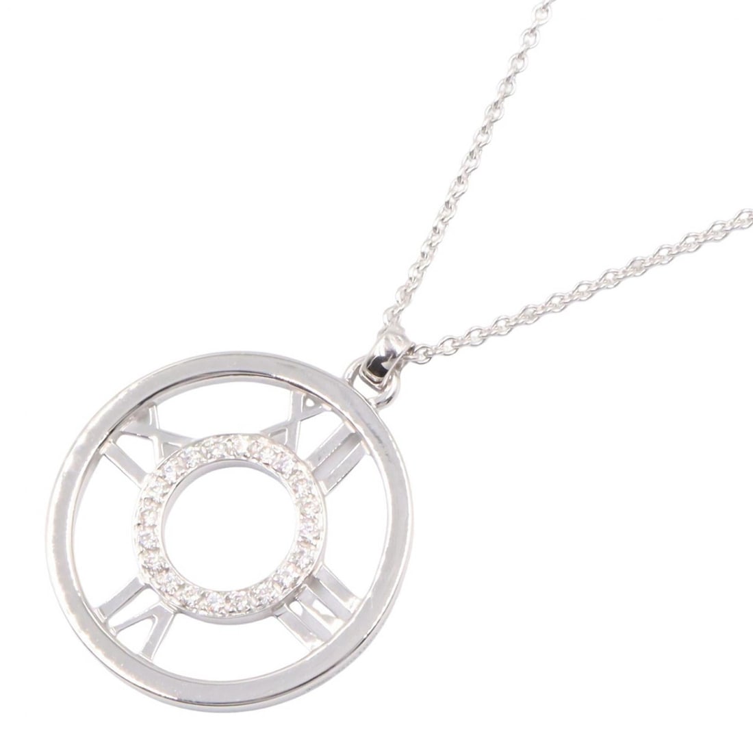 Tiffany Atlas Diamond Necklace 18K WG: Atlas diamond necklace in K18WG white gold with diamond. Includes storage box. Neck size 40.5cm. Motif 24mm wide x 24mm high. Weight 8.7g.