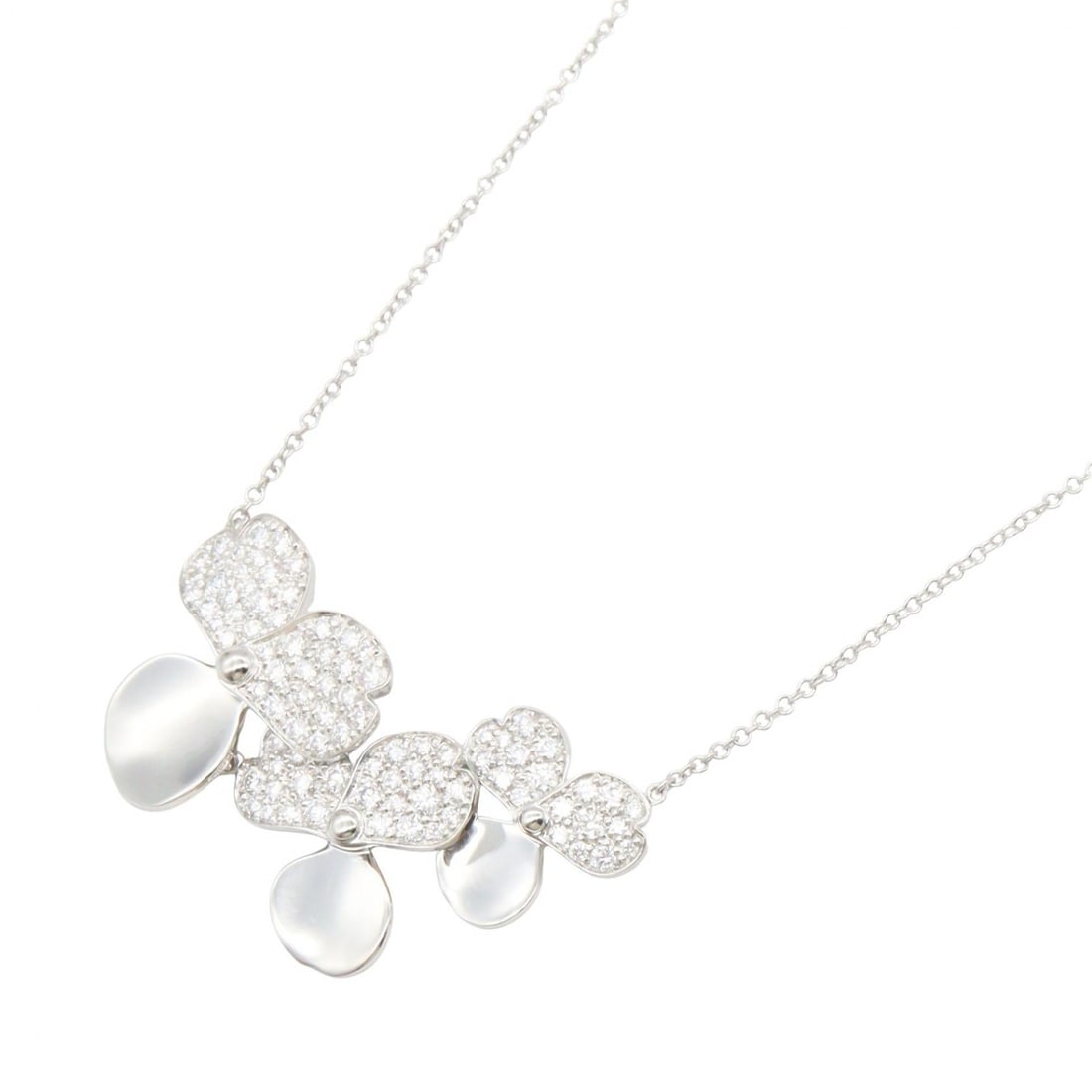 Tiffany Paper Flower Diamond Necklace: Paper flower cluster diamond necklace in Pt950 platinum with diamond. Includes storage box. Neck size 40.5cm. Motif 33mm wide x 16mm high. Weight 7.6g.