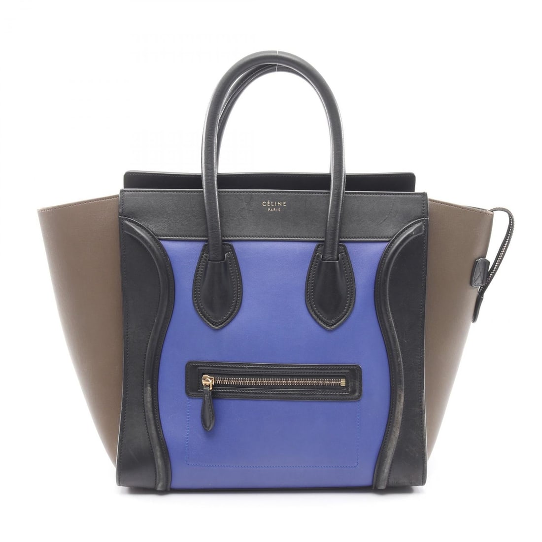 Celine Luggage Mini Shopper Tricolor: Luggage Mini Shopper handbag in black, gray, and blue leather. Size: W31 x H30 x D18 cm. Handle 50 cm.