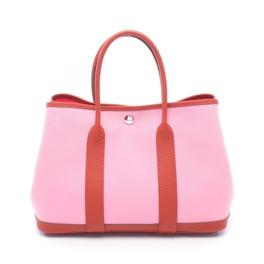 Hermes Garden Party TPM Rouge Duchesse: Garden Party TPM tote bag in Rouge duchesse pink and red Toile officier canvas with Negonda leather trim. Size: W30 x H21 x D14 cm. Handle 36 cm. 2020 stamp.