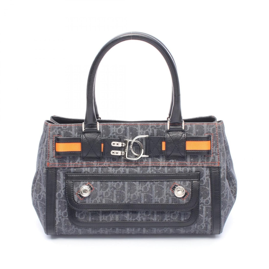 Dior Flightline Trotter Navy Orange: Flightline trotter handbag in navy, black, and orange denim with leather trim. Size: W30 x H20 x D13 cm. Handle 38 cm.