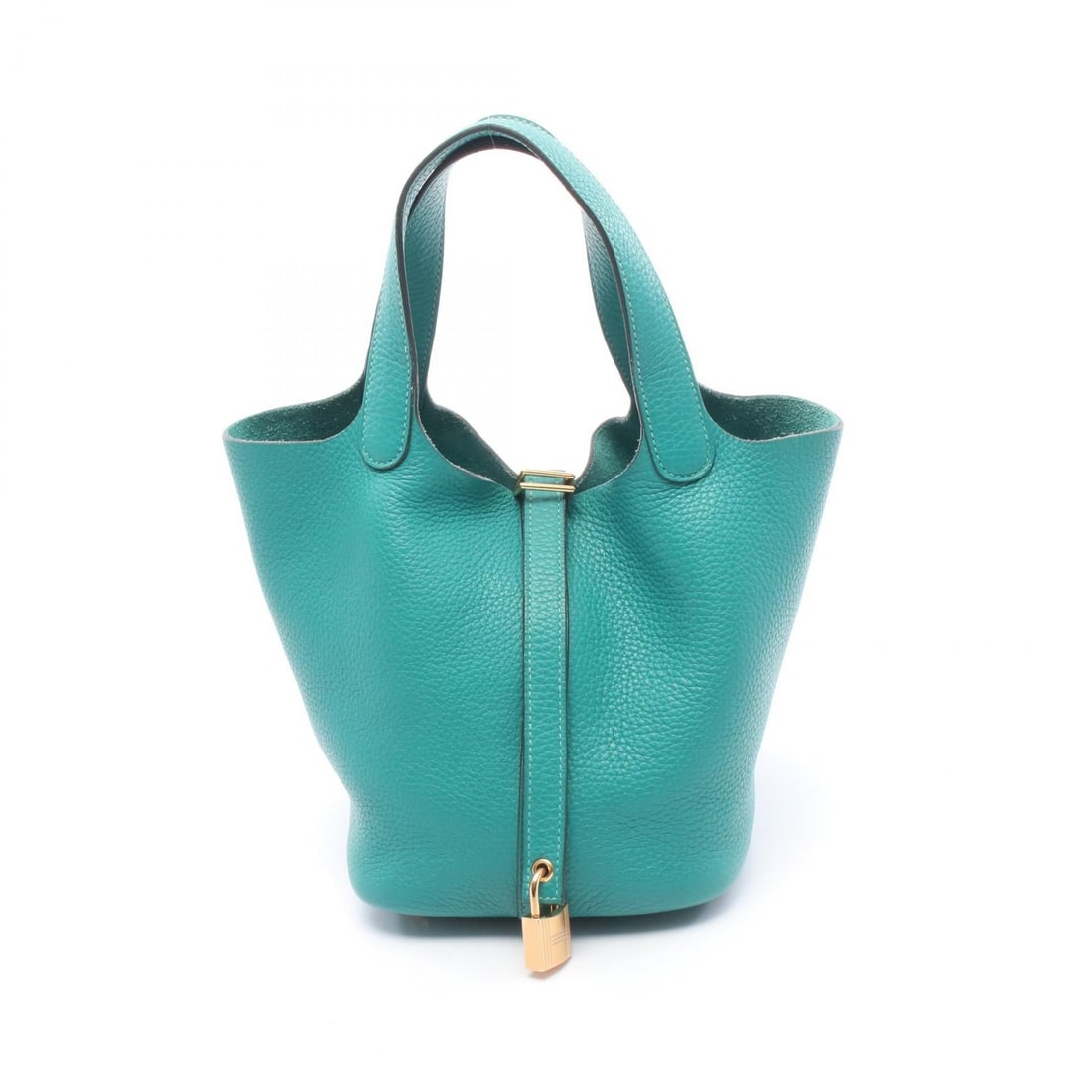 Hermes Picotin Lock PM Vert Veronese: Vert veronese Picotin Lock PM handbag in leather and Taurillon Clemence. Includes key and cadena. 19 x 18.5 x 13.5 cm with 31 cm handle.