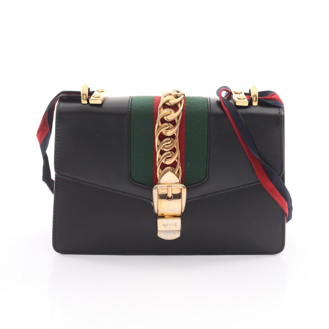 Gucci Sylvie Small Webline Black: Sylvie Small Webline shoulder bag in black, green, and red leather. Size: W25.5 x H17 x D7 cm.