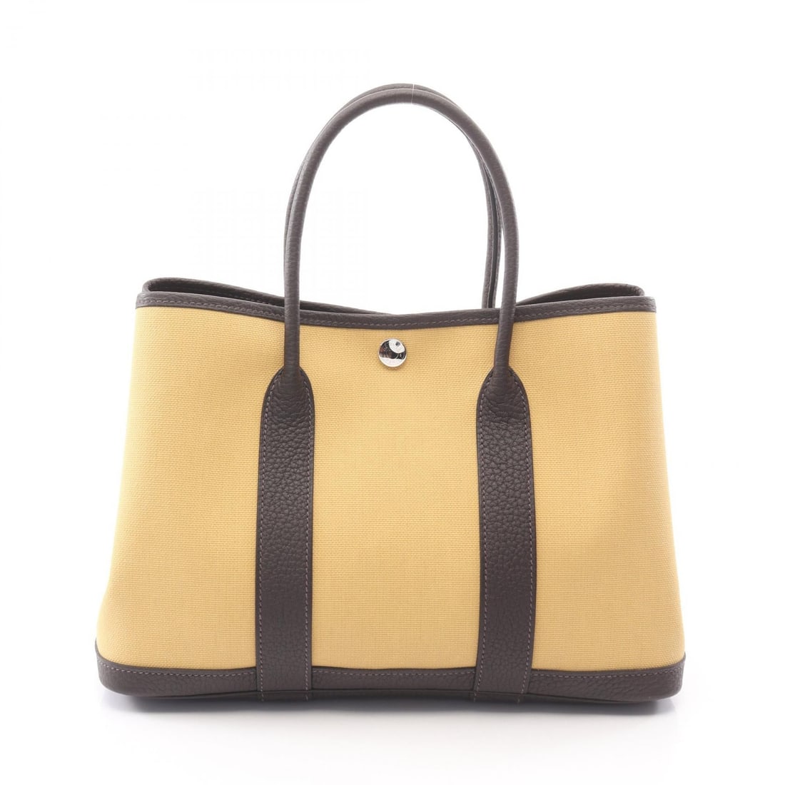 Hermes Garden Party TPM Evennes: Garden Party TPM tote bag in Evennes yellow and brown canvas with Toile Military and Negonda leather trim. Size: W30 x H21 x D14 cm. Handle 36 cm. 2024 stamp.