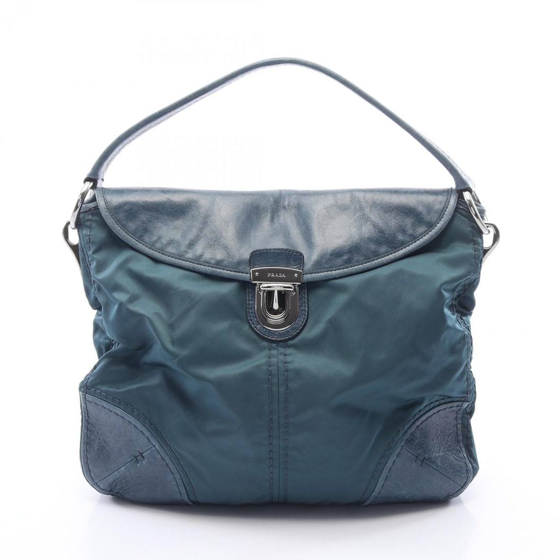 Prada Tessuto Vitello Shoulder Green: TESSUTO + VITELLO shoulder bag in green nylon and leather. Size: W34 x H32 x D13.5 cm. Shoulder 48 cm.