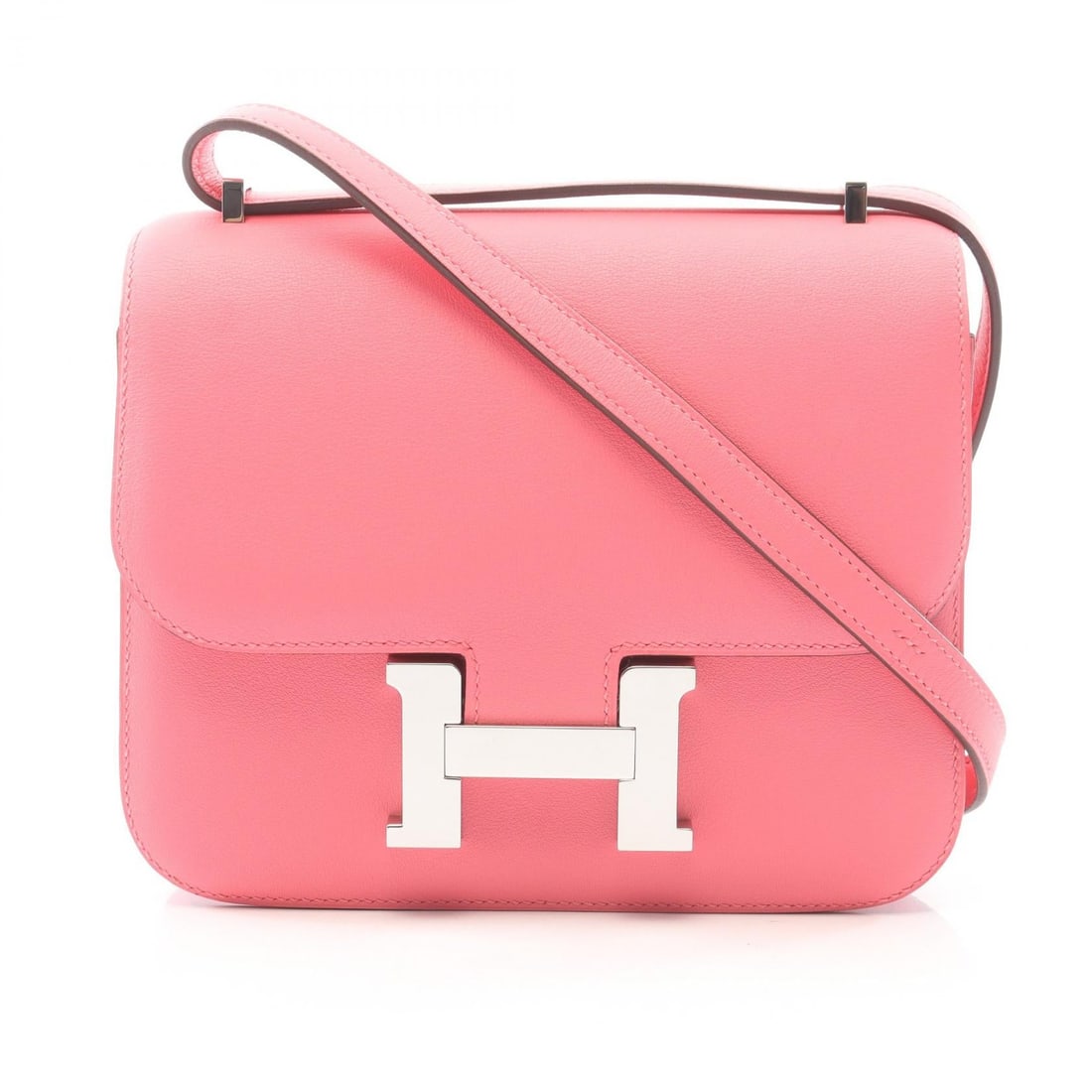Hermes Constance 3 Mini Rose Azalee: Constance 3 mini shoulder bag in Rose azalee pink Vaux Swift leather and calfskin. Size: W18 x H15 x D2/3 cm. Strap drop 27 cm. Shoulder 60 cm.