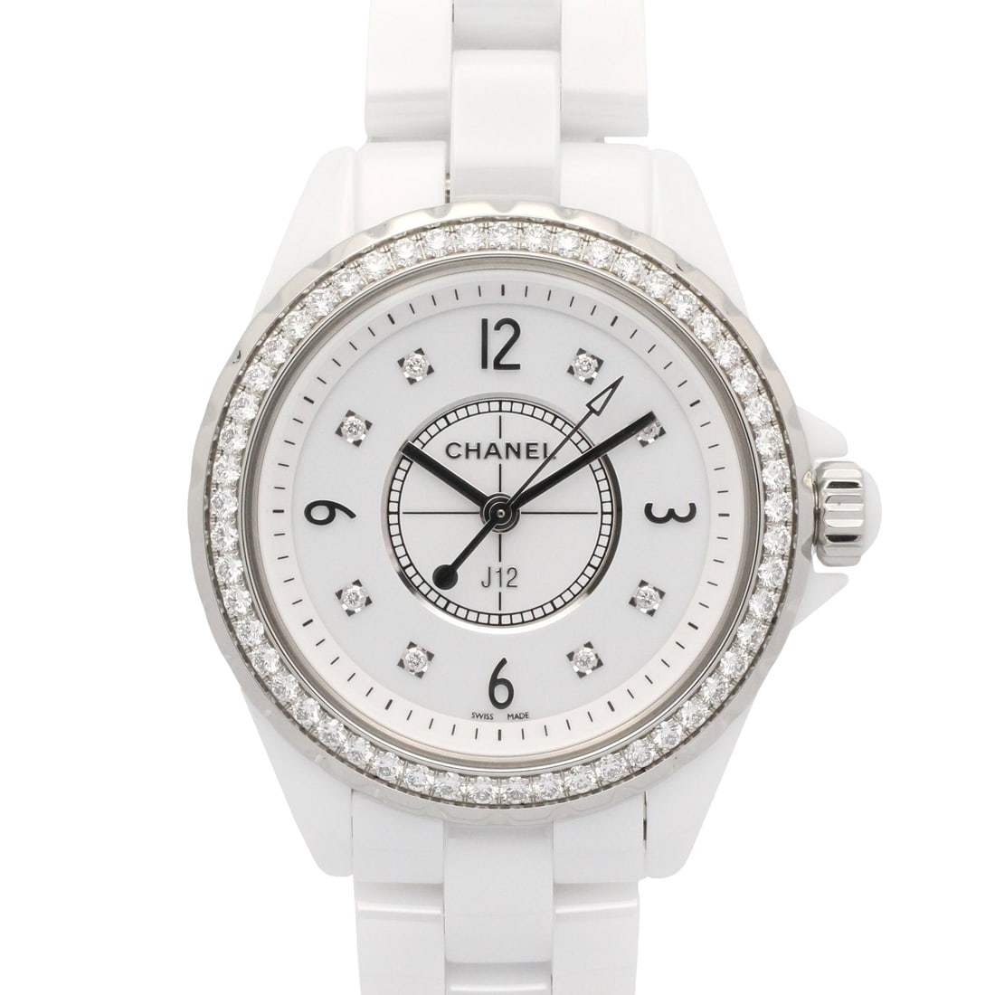Chanel J12 H3110 Diamond Bezel White: Watch. Color: White. Material: ceramic, diamond. Model H3110. Accessories: Storage box, guarantee. Case 33.5mm; max wrist 17cm.