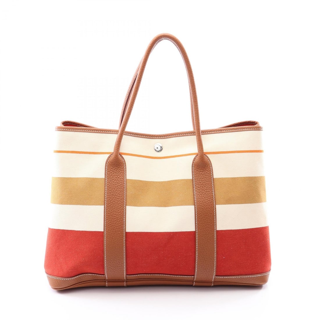 Hermes Garden Party PM Ecru Multi: Garden Party PM tote bag in ecru beige brown and multicolor canvas with leather and Toile Transat Locaval trim. Size: W36 x H25 x D17 cm. Handle 44 cm. 2013 year.