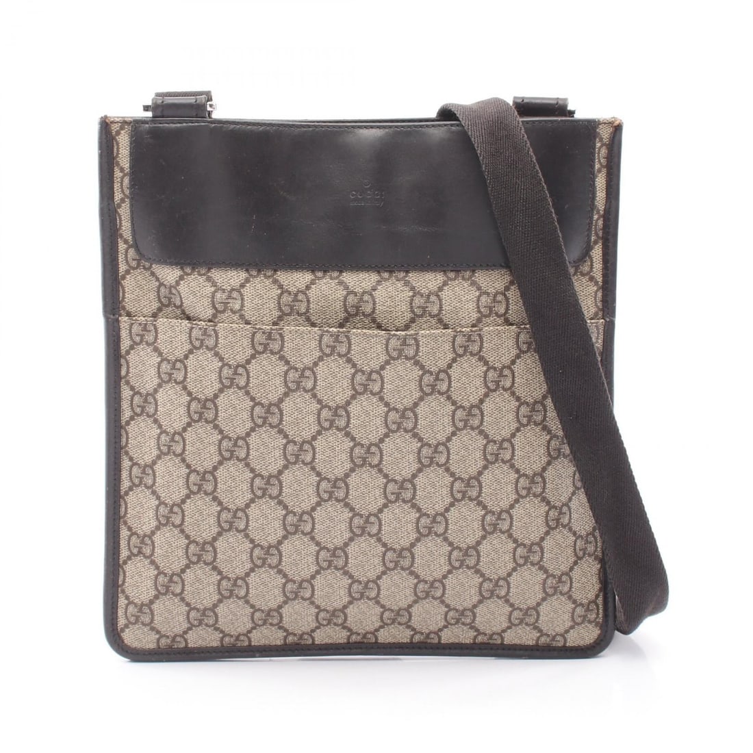 Gucci GG Supreme Shoulder Beige Brown: Beige and brown GG Supreme shoulder bag in PVC coated canvas and leather. Size: W24 x H25 x D0.5 cm. Shoulder 72-132 cm.