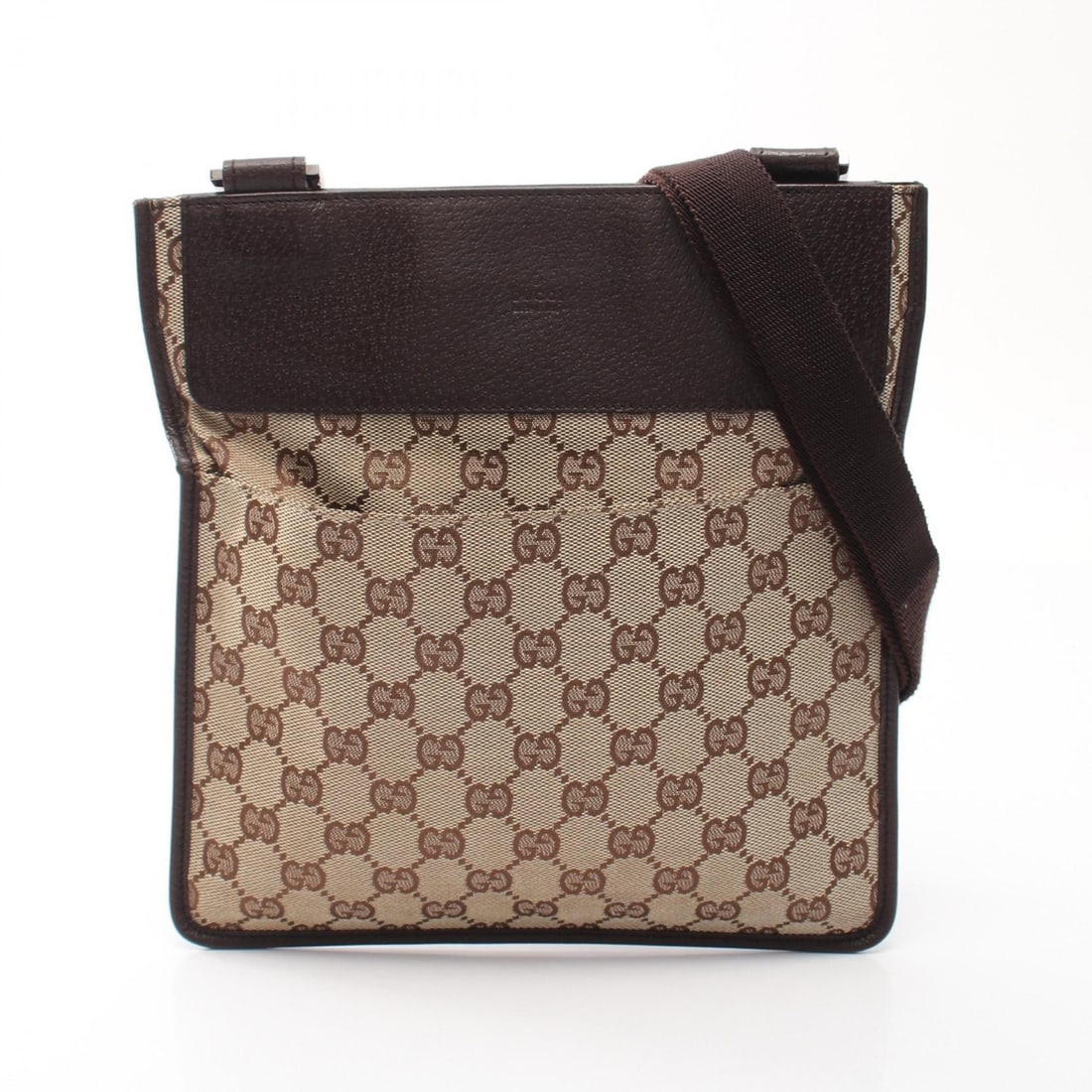 Gucci GG Canvas Shoulder Beige Brown: Beige and brown GG canvas shoulder bag with leather trim. Size: W24 x H25 x D0.5 cm. Shoulder 72-132 cm.