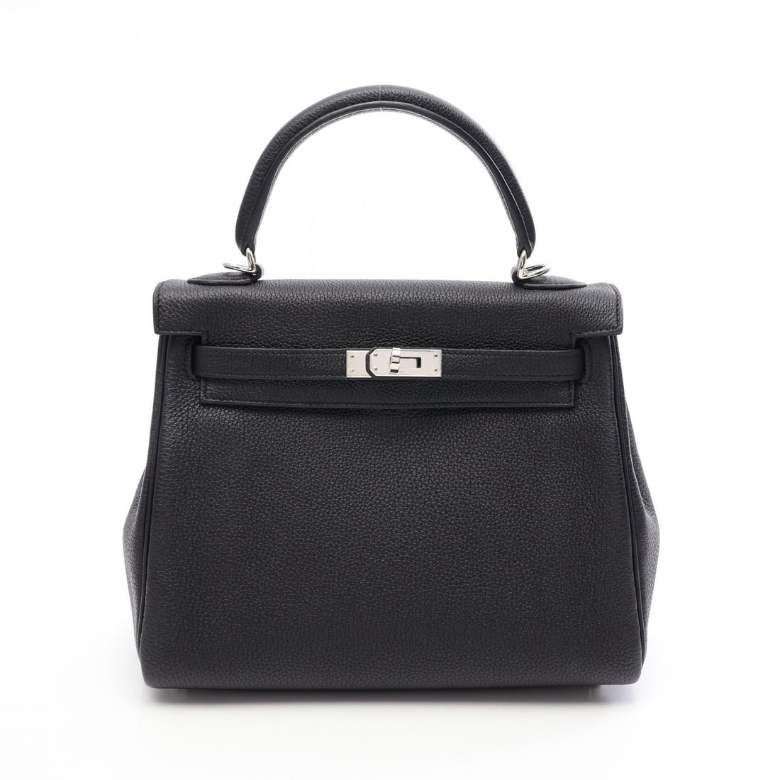 Hermes Kelly 25 Black Togo: Kelly 25 2 way handbag in black Togo leather. Size: W24.5 x H19 x D9.5 cm. Handle 24 cm. Shoulder 92 cm. Includes shoulder strap, clochette, key, and cadena.