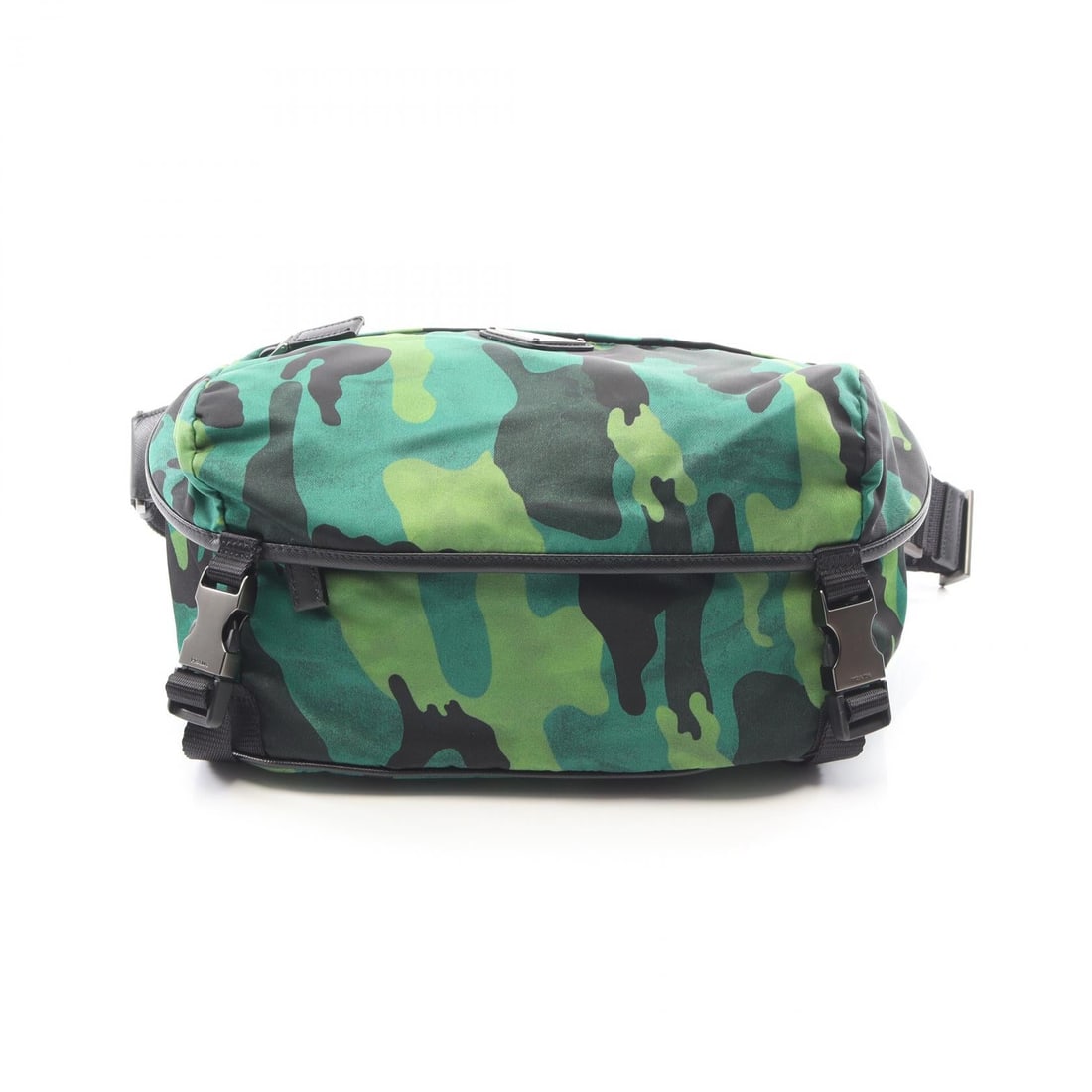 Prada Tessuto Camoufl Shoulder Green Black: TESSUTO CAMOUFL shoulder bag in green and black nylon with Saffiano leather trim. Size: W30 x H17 x D13.5 cm. Shoulder 61-107 cm.