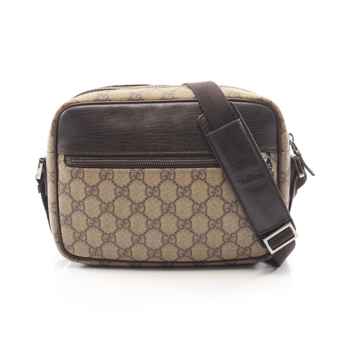 Gucci GG Plus Shoulder Bag Beige Brown: Beige and brown GG Plus shoulder bag in PVC coated canvas and leather. Size: W22 x H16.5 x D7 cm. Shoulder 83-142 cm.